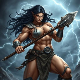 A powerful and muscular female fighter resembling Goliath, showcasing strong, defined muscles and an imposing stance