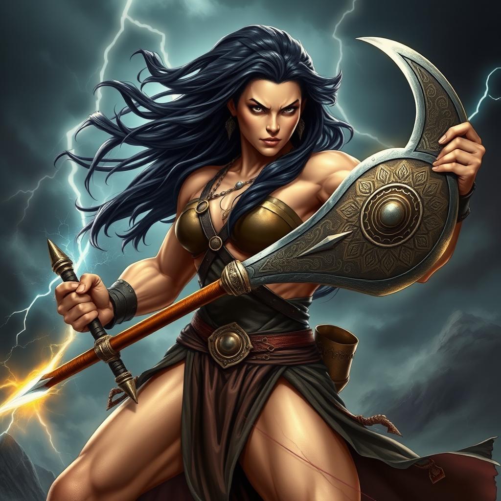 A powerful and muscular female fighter resembling Goliath, showcasing strong, defined muscles and an imposing stance