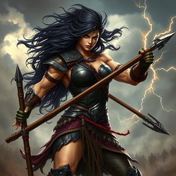 A powerful female warrior resembling a muscular Goliath, showcasing her dark hair flowing fiercely