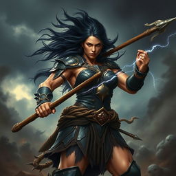 A powerful female warrior resembling a muscular Goliath, showcasing her dark hair flowing fiercely