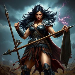 A powerful female warrior resembling a muscular Goliath, showcasing her dark hair flowing fiercely