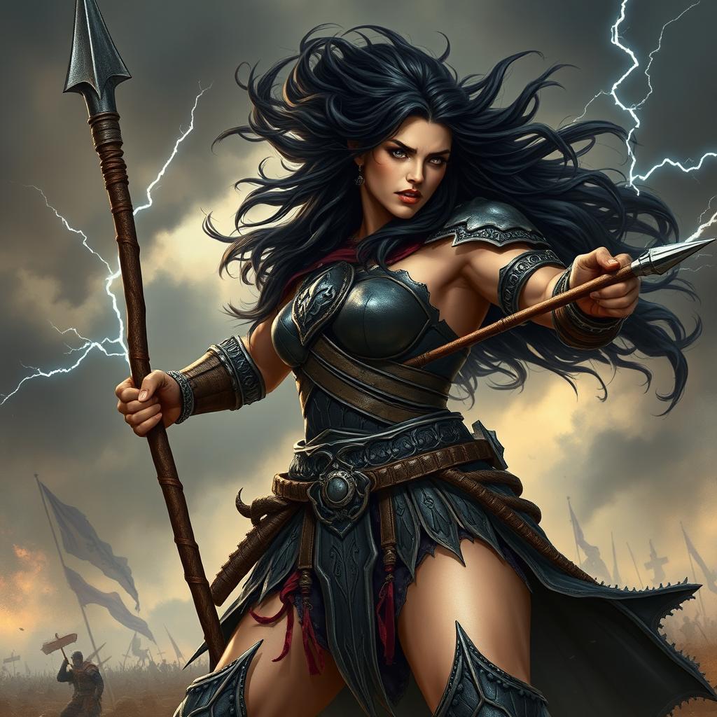 A powerful female warrior resembling a muscular Goliath, showcasing her dark hair flowing fiercely