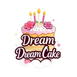 A colorful and whimsical logo for 'Dream Cake', featuring a beautifully decorated cake with pastel colors, fluffy frosting, and delicate sprinkles
