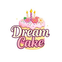 A colorful and whimsical logo for 'Dream Cake', featuring a beautifully decorated cake with pastel colors, fluffy frosting, and delicate sprinkles