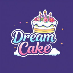 A colorful and whimsical logo for 'Dream Cake', featuring a beautifully decorated cake with pastel colors, fluffy frosting, and delicate sprinkles