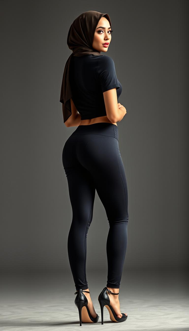 A 46-year-old Slavic secretary depicted from a back view, elegantly turning to face the camera with an alluring expression