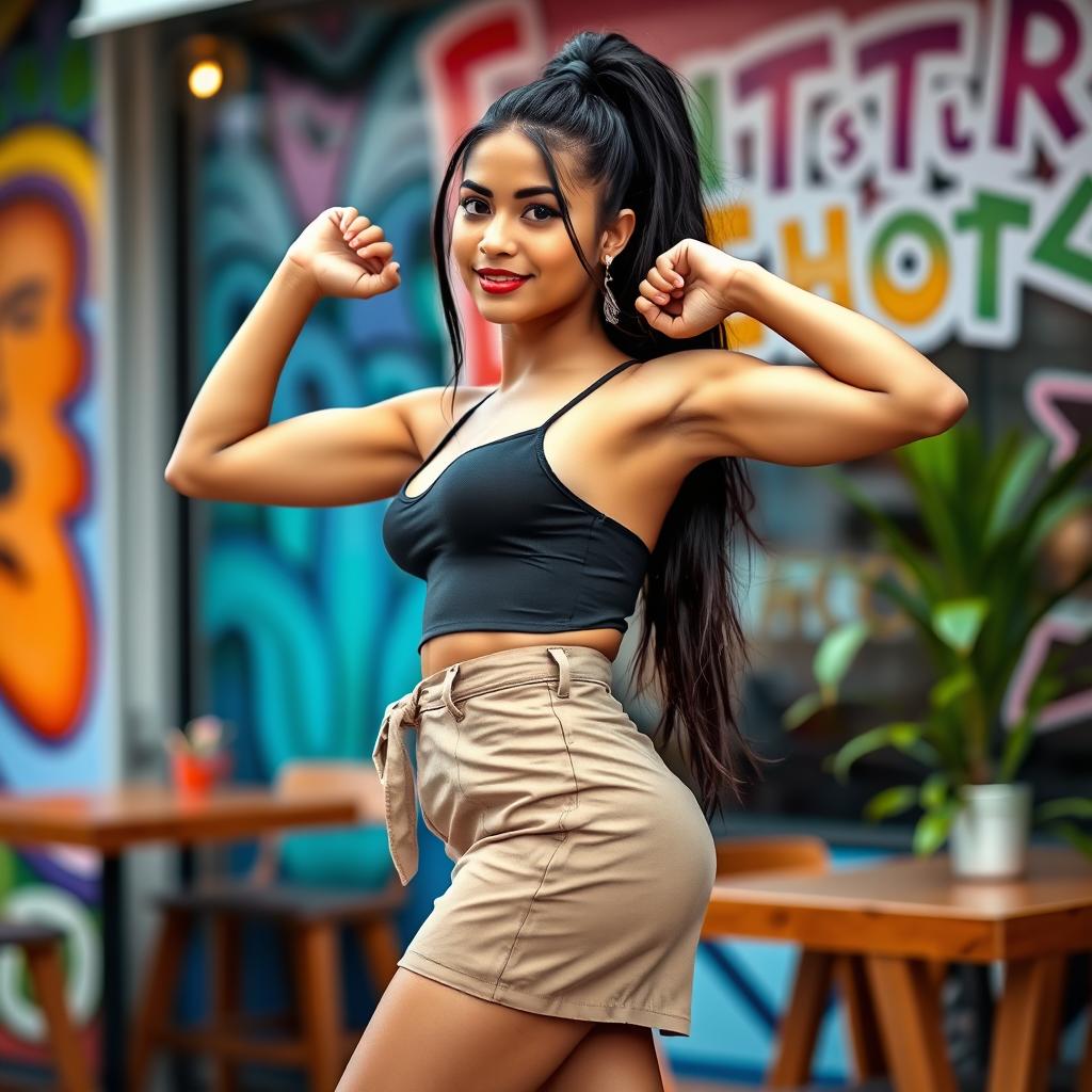 A sexy Indian woman with long black hair styled in a high ponytail, wearing a trendy short skirt that showcases her legs