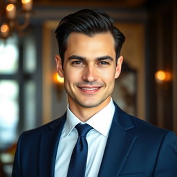 A portrait of a sophisticated and elegant man standing confidently, wearing a tailored navy blue suit with a crisp white shirt and a stylish tie