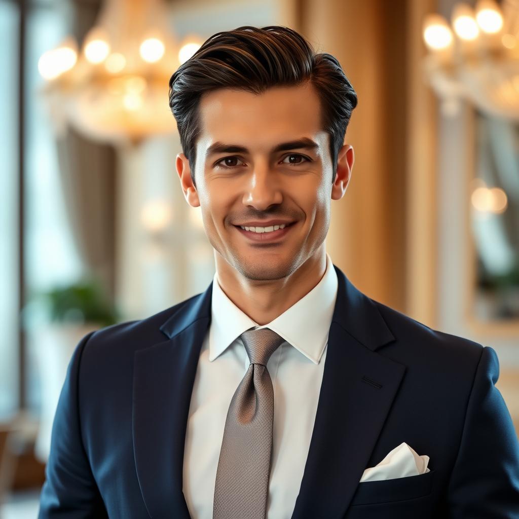 A portrait of a sophisticated and elegant man standing confidently, wearing a tailored navy blue suit with a crisp white shirt and a stylish tie