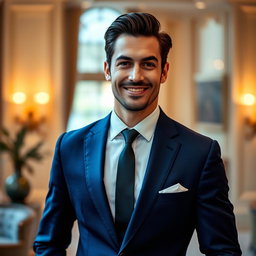A portrait of a sophisticated and elegant man standing confidently, wearing a tailored navy blue suit with a crisp white shirt and a stylish tie