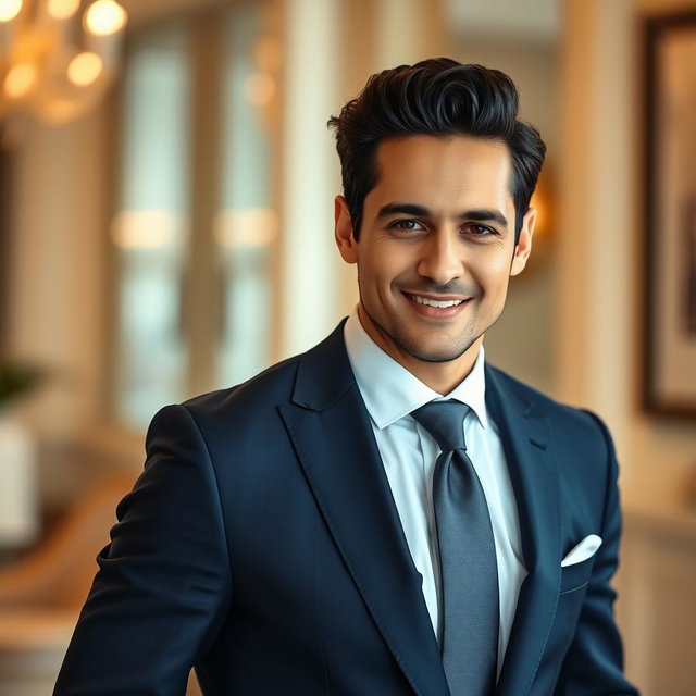 A portrait of a sophisticated and elegant man standing confidently, wearing a tailored navy blue suit with a crisp white shirt and a stylish tie