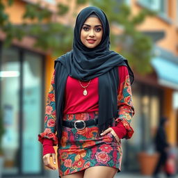 A sexy Muslim girl wearing a stylish hijab, complemented by a vibrant short skirt that highlights her thick thighs and curvy figure