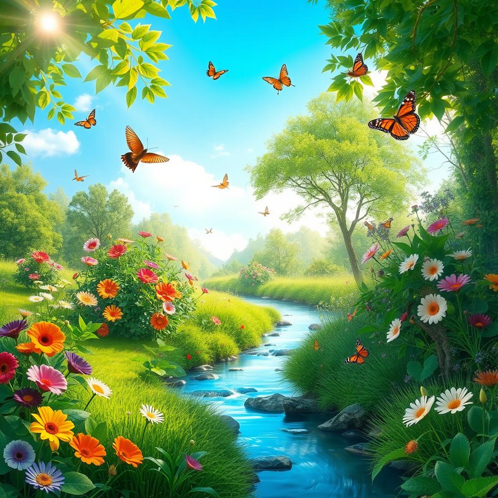 A serene and tranquil natural environment showcasing lush greenery, vibrant flowers, and a clear blue sky