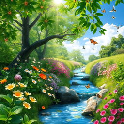 A serene and tranquil natural environment showcasing lush greenery, vibrant flowers, and a clear blue sky