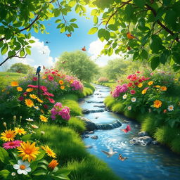 A serene and tranquil natural environment showcasing lush greenery, vibrant flowers, and a clear blue sky