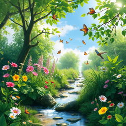 A serene and tranquil natural environment showcasing lush greenery, vibrant flowers, and a clear blue sky