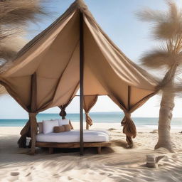 A unique architectural tent masterfully constructed from driftwood and Corten metal, stationed on a tranquil beach presenting an alluring contrast between natural materials and the ocean backdrop.