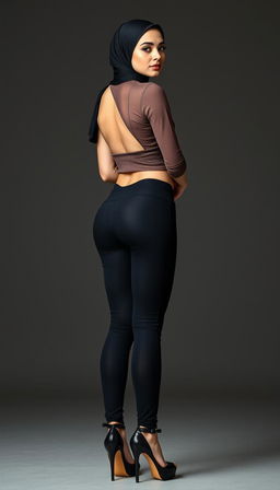 A 46-year-old Slavic secretary captured from a back view, elegantly turning to look into the camera