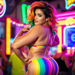 A vibrant and confident Latina woman with an eye-catching rainbow-colored hair styled dynamically