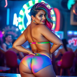 A vibrant and confident Latina woman with an eye-catching rainbow-colored hair styled dynamically