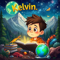 An imaginative illustration of a curious boy named Kelvin, with bright eyes and an inquisitive expression, surrounded by various elements representing Earth's mysteries
