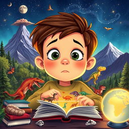 An imaginative illustration of a curious boy named Kelvin, with bright eyes and an inquisitive expression, surrounded by various elements representing Earth's mysteries