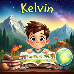 An imaginative illustration of a curious boy named Kelvin, with bright eyes and an inquisitive expression, surrounded by various elements representing Earth's mysteries