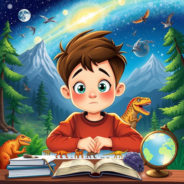 An imaginative illustration of a curious boy named Kelvin, with bright eyes and an inquisitive expression, surrounded by various elements representing Earth's mysteries
