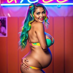 A vibrant Latina woman with dazzling rainbow-colored hair styled in a playful manner