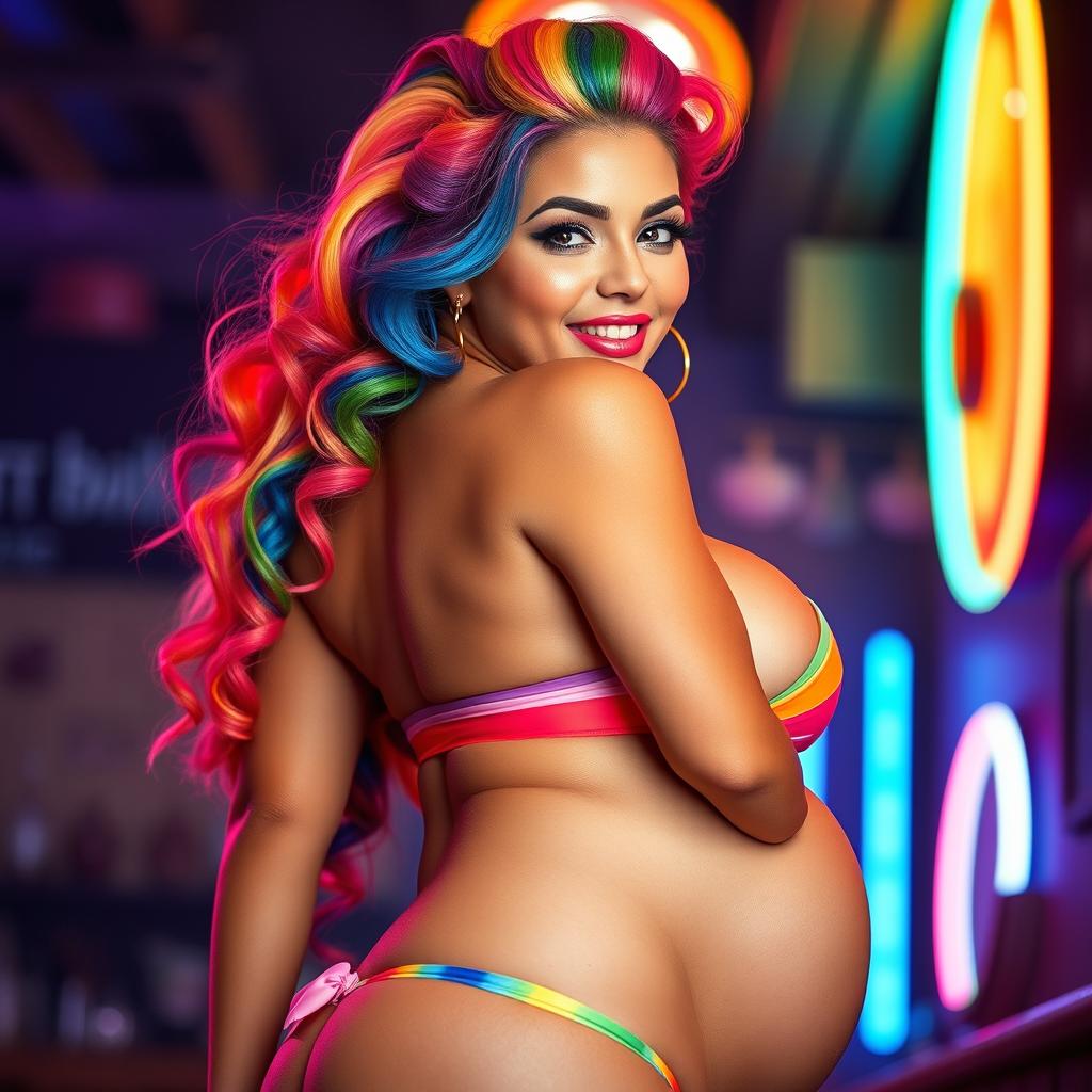 A vibrant Latina woman with dazzling rainbow-colored hair styled in a playful manner