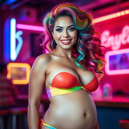 A vibrant Latina woman with dazzling rainbow-colored hair styled in a playful manner