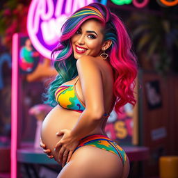 A striking Latina woman with vibrant rainbow-colored hair styled in a playful and lively fashion