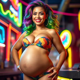 A striking Latina woman with vibrant rainbow-colored hair styled in a playful and lively fashion