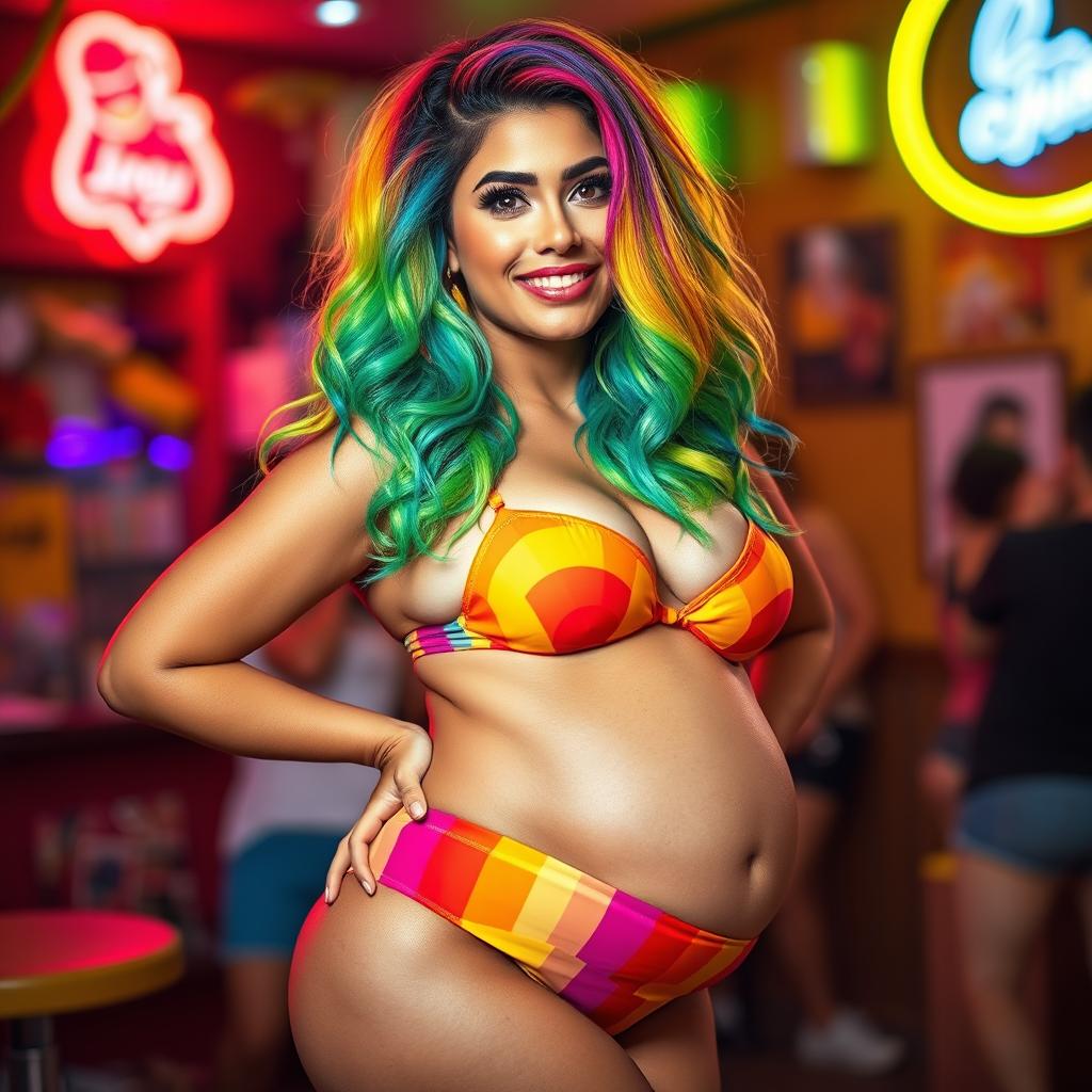 A striking Latina woman with vibrant rainbow-colored hair styled in a playful and lively fashion