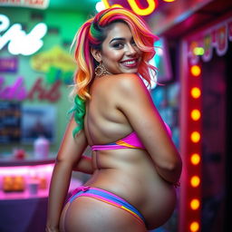 A striking Latina woman with vibrant rainbow-colored hair styled in a playful and lively fashion
