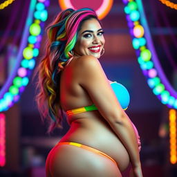 A striking Latina woman with vibrant rainbow-colored hair styled in a fun and lively manner