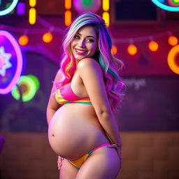A striking Latina woman with vibrant rainbow-colored hair styled in a fun and lively manner