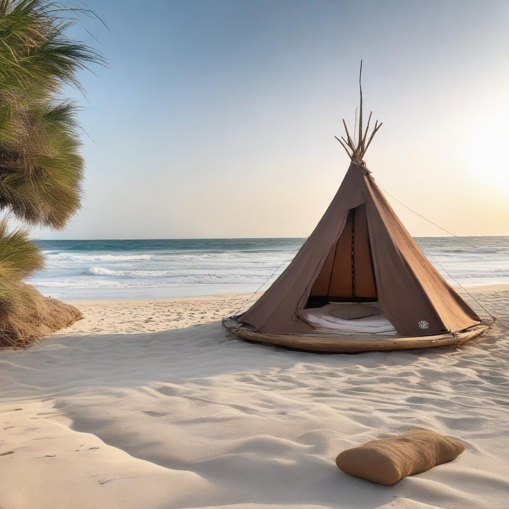 A unique architectural tent masterfully constructed from driftwood and Corten metal, stationed on a tranquil beach presenting an alluring contrast between natural materials and the ocean backdrop.