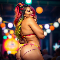 A vibrant Latina woman with stunning rainbow-colored hair, styled in a playful and attractive manner