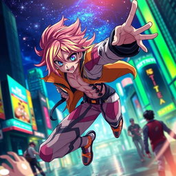 An anime character featuring dynamic and intricate designs, with vivid colors and intense expressions, embodying a pulled or stretched pose, showcasing dramatic movement and fluidity