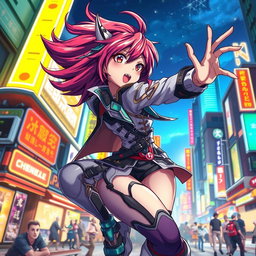 An anime character featuring dynamic and intricate designs, with vivid colors and intense expressions, embodying a pulled or stretched pose, showcasing dramatic movement and fluidity