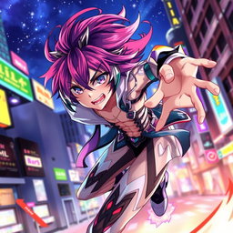 An anime character featuring dynamic and intricate designs, with vivid colors and intense expressions, embodying a pulled or stretched pose, showcasing dramatic movement and fluidity