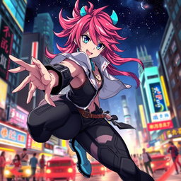 An anime character featuring dynamic and intricate designs, with vivid colors and intense expressions, embodying a pulled or stretched pose, showcasing dramatic movement and fluidity