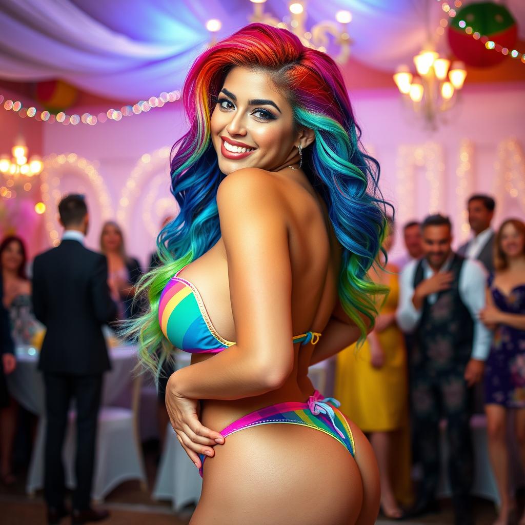 A vibrant Latina woman with stunning rainbow-colored hair, styled in an eye-catching way