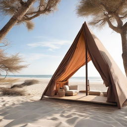 A unique architectural tent masterfully constructed from driftwood and Corten metal, stationed on a tranquil beach presenting an alluring contrast between natural materials and the ocean backdrop.