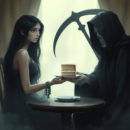 A beautiful and stunning young woman with long black hair and crystal blue eyes, who is crying softly