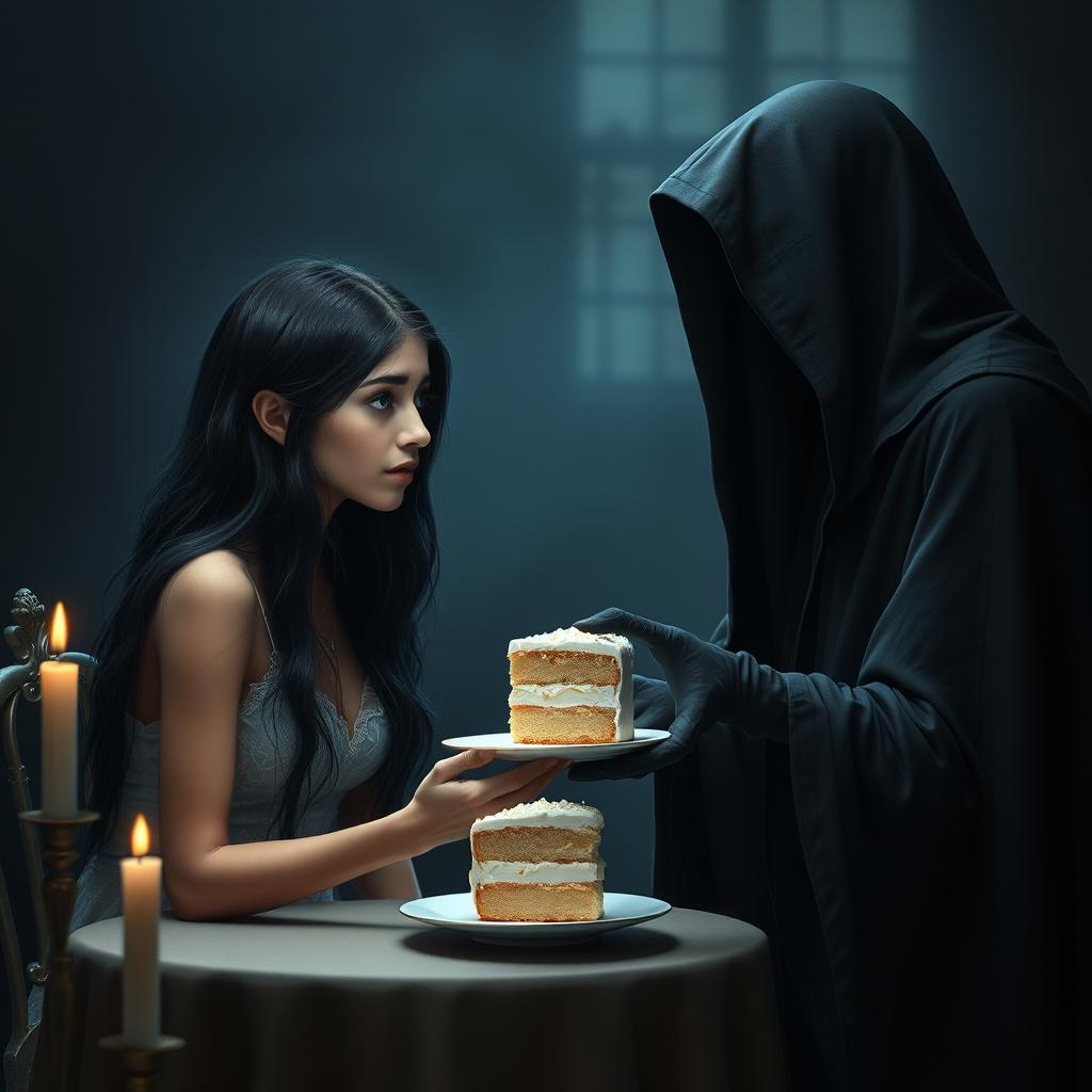 A beautiful and stunning young woman with long black hair and crystal blue eyes, who is crying softly