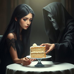 A beautiful and stunning young woman with long black hair and crystal blue eyes, who is crying softly