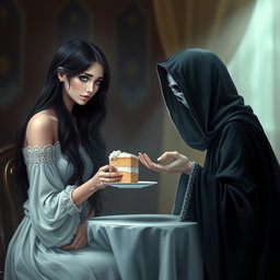 A beautiful and stunning young woman with long black hair and crystal blue eyes, who is crying softly