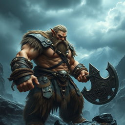 A fierce Barbarian Goliath stands in a rugged, mountainous landscape, his muscular frame towering over the scene